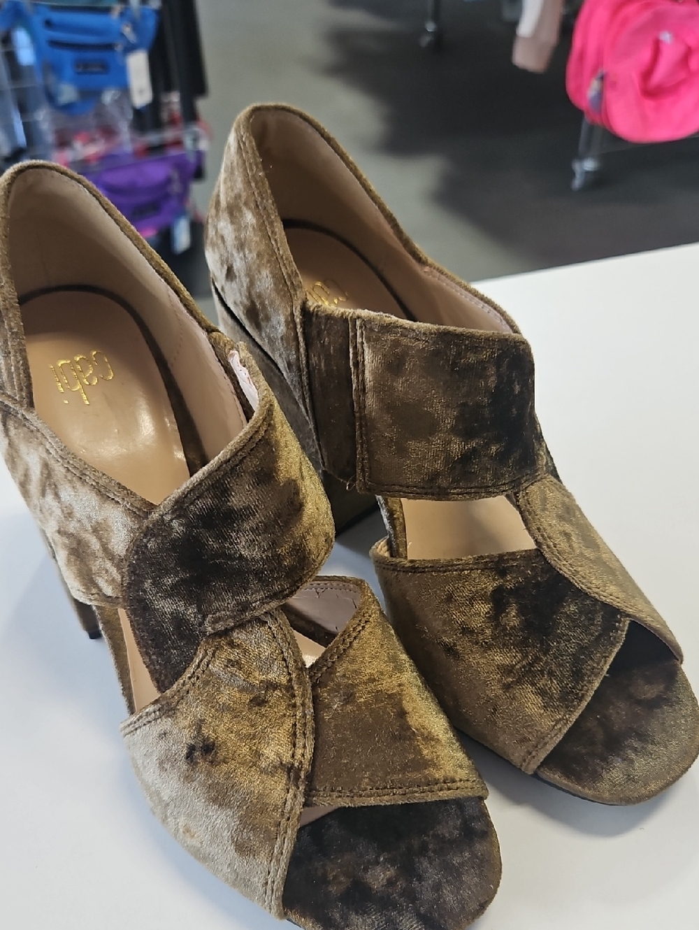 CAbi Gold Velvet Crisscross Peep-Toe Heels